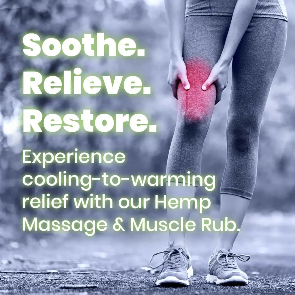 hemp-leg-cramp-benefit Woman runner with leg cramp — cooling-to-warming relief with Skinsations® Hemp Massage Oil.