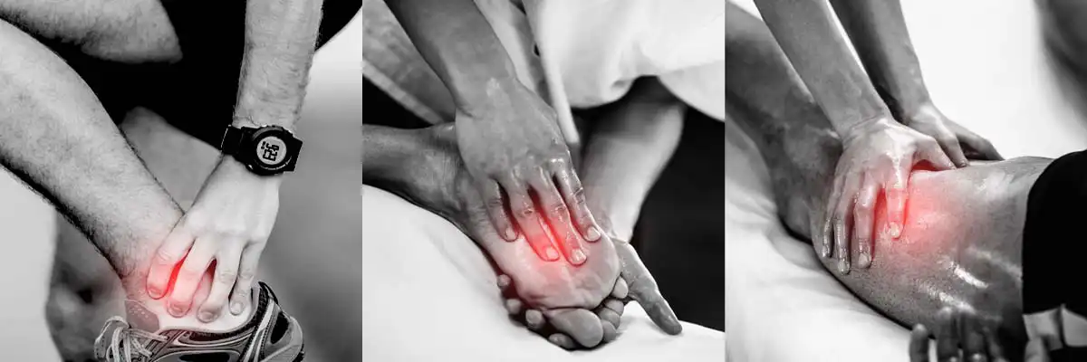 Black and white photos of massage and sore muscles — Skinsations® Hemp Massage Oil cooling-to-warming relief.