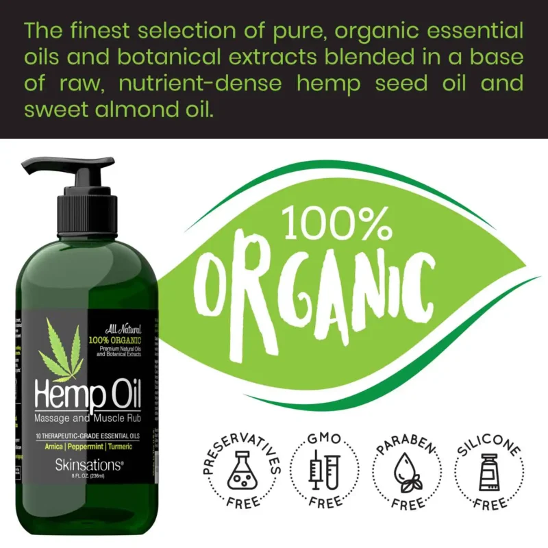 Skinsations Organic Hemp Oil Massage and Muscle Rub 8oz arnica Montana, hemp seed oil, peppermint, essential oils