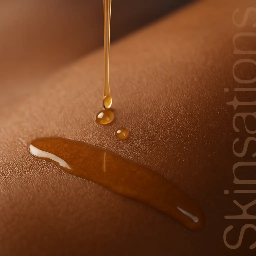 Image of dripping massage oil on bare skin.