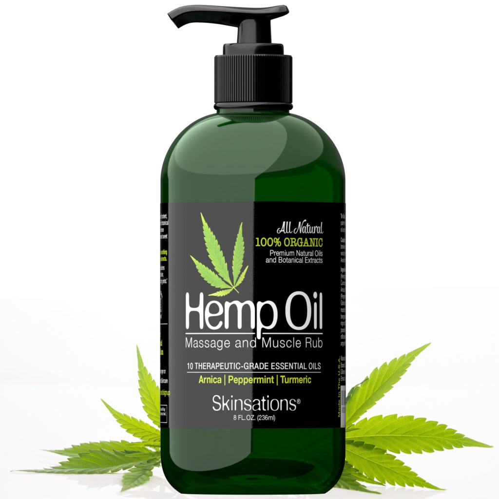 MO-HEMP-8OZ-leaf Skinsations Hemp Oil Massage & Muscle Rub bottle image with hemp leaves around bottle base.